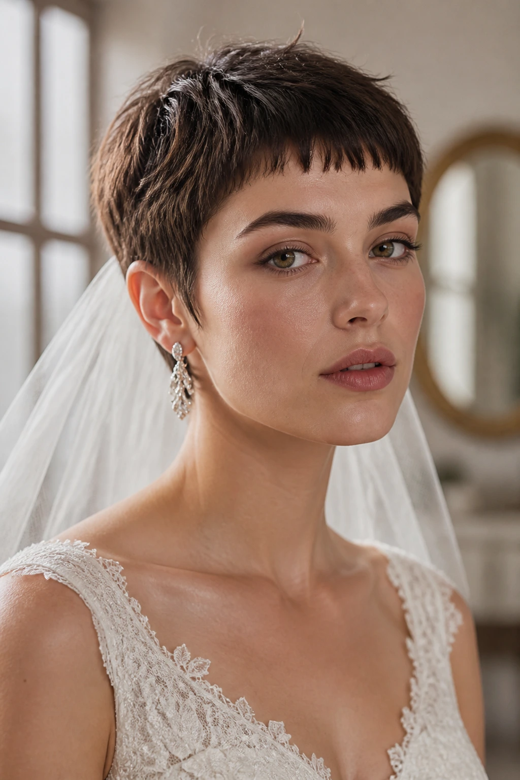 Close-up of a real bride with a micro fringe pixie in a window-lit dressing room.