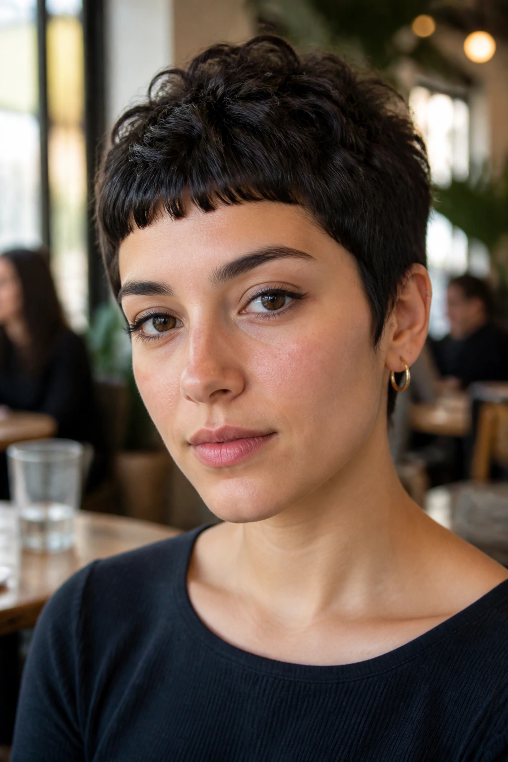 Close-up of a real woman with a micro-fringe pixie above the brows in a bright cafe.