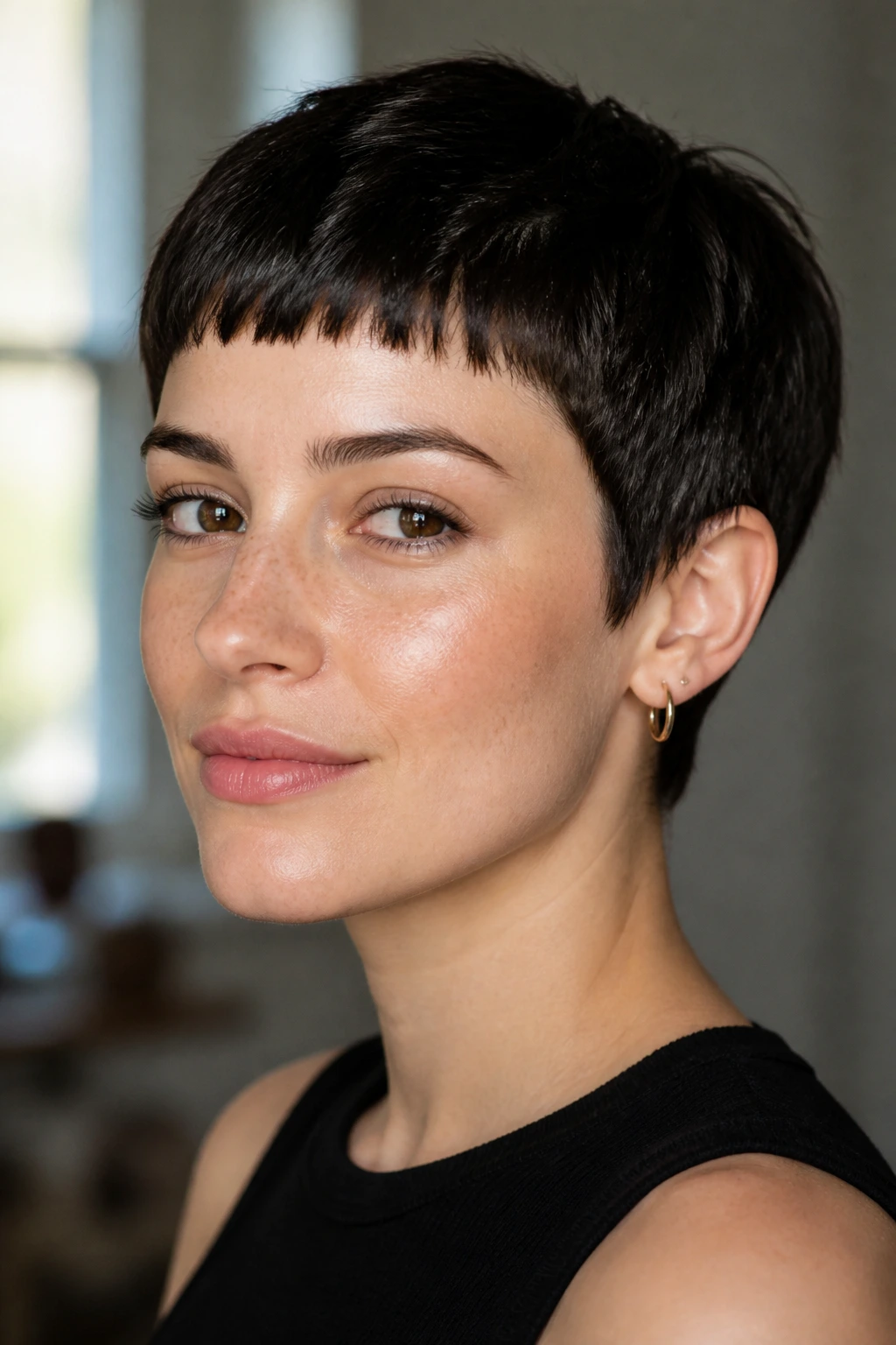 Close-up of micro fringe on a cropped pixie on a real person