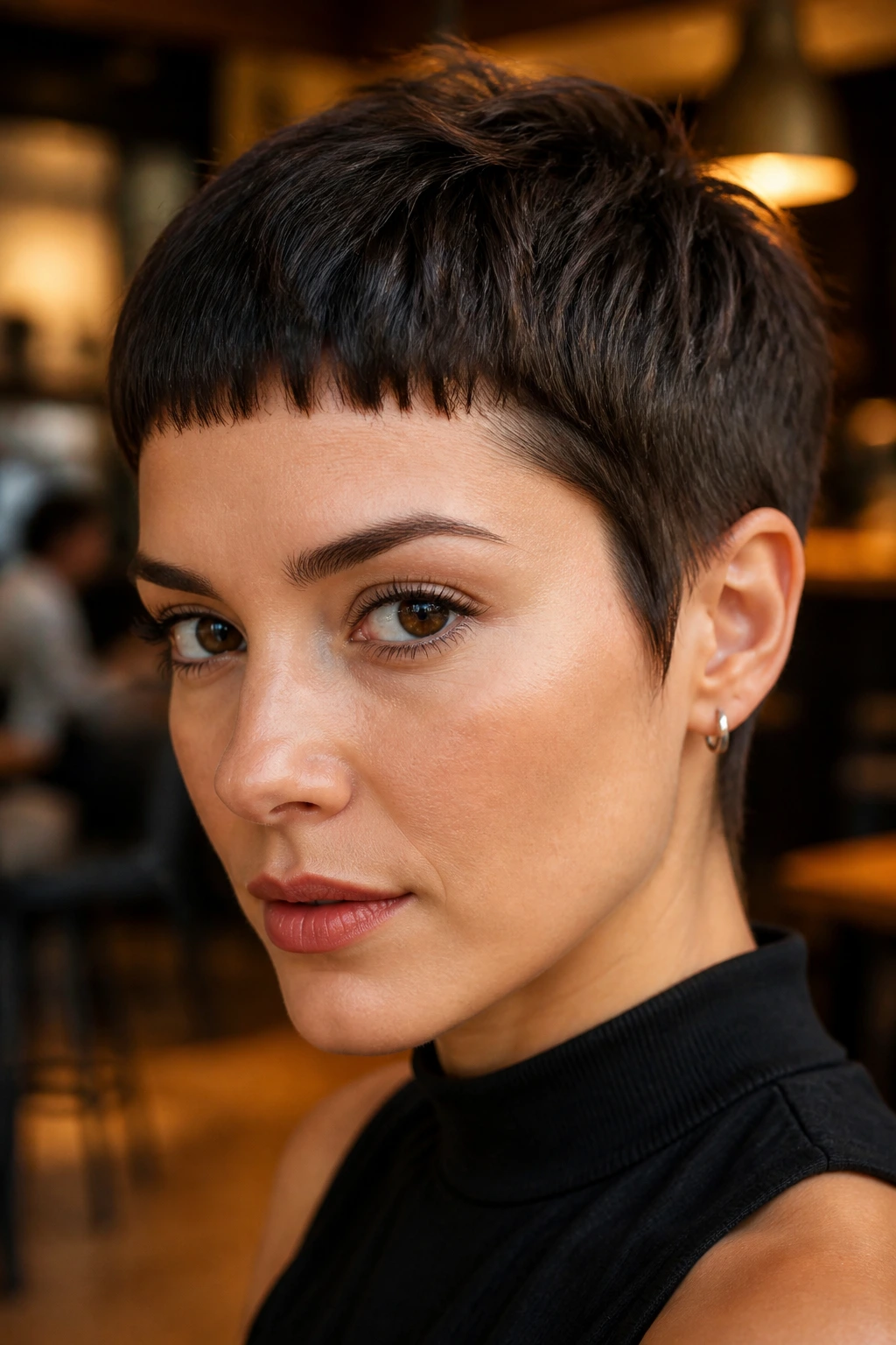 Close-up of real person with micro fringe pixie under warm indoor light
