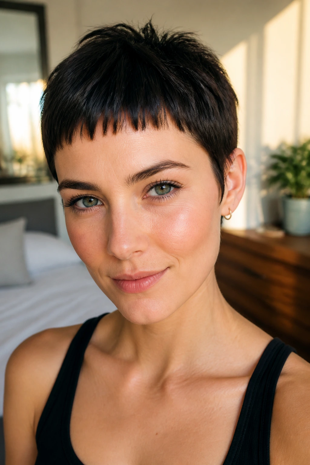 Close-up portrait of a real woman with micro fringe pixie and bold fringe