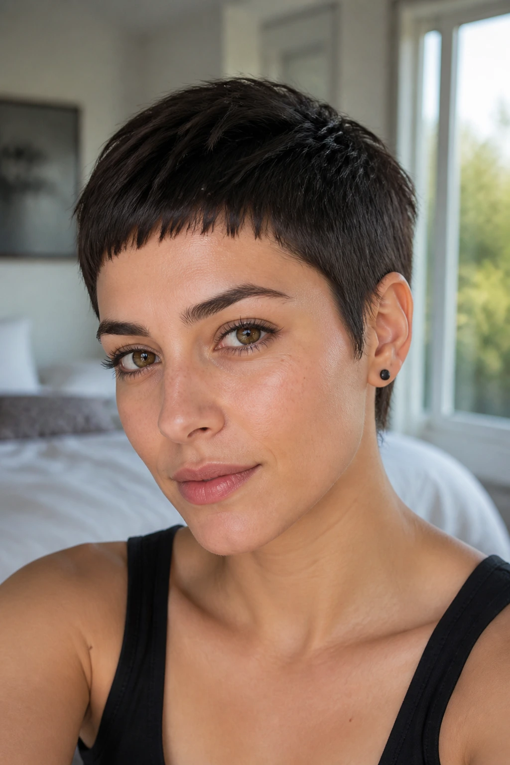 Close-up portrait of a real woman with micro fringe pixie hairstyle