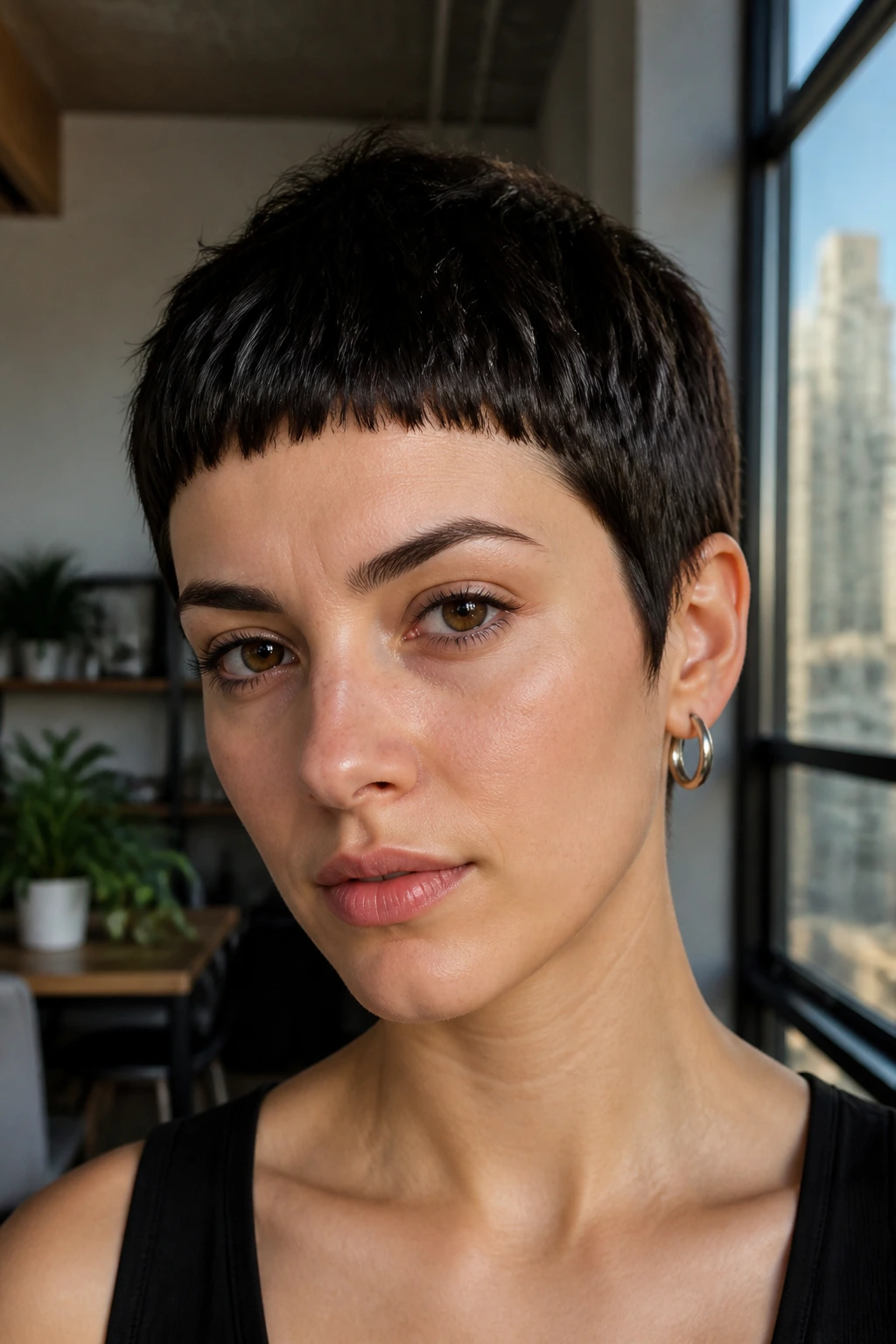 Close-up of a real person with a crisp micro-fringe above the brows in a softly lit room.