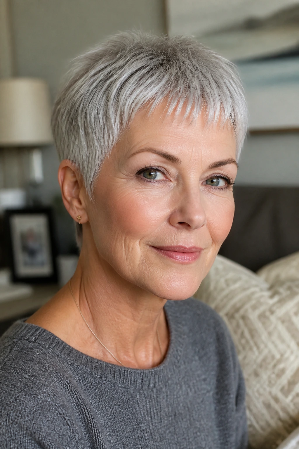 Close-up of a real woman with micro-fringe pixie emphasizing brows and eyes.