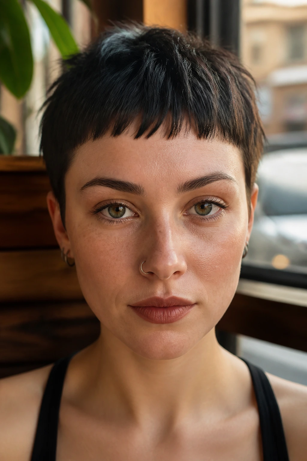 Close-up of woman with micro fringe in cafe lighting