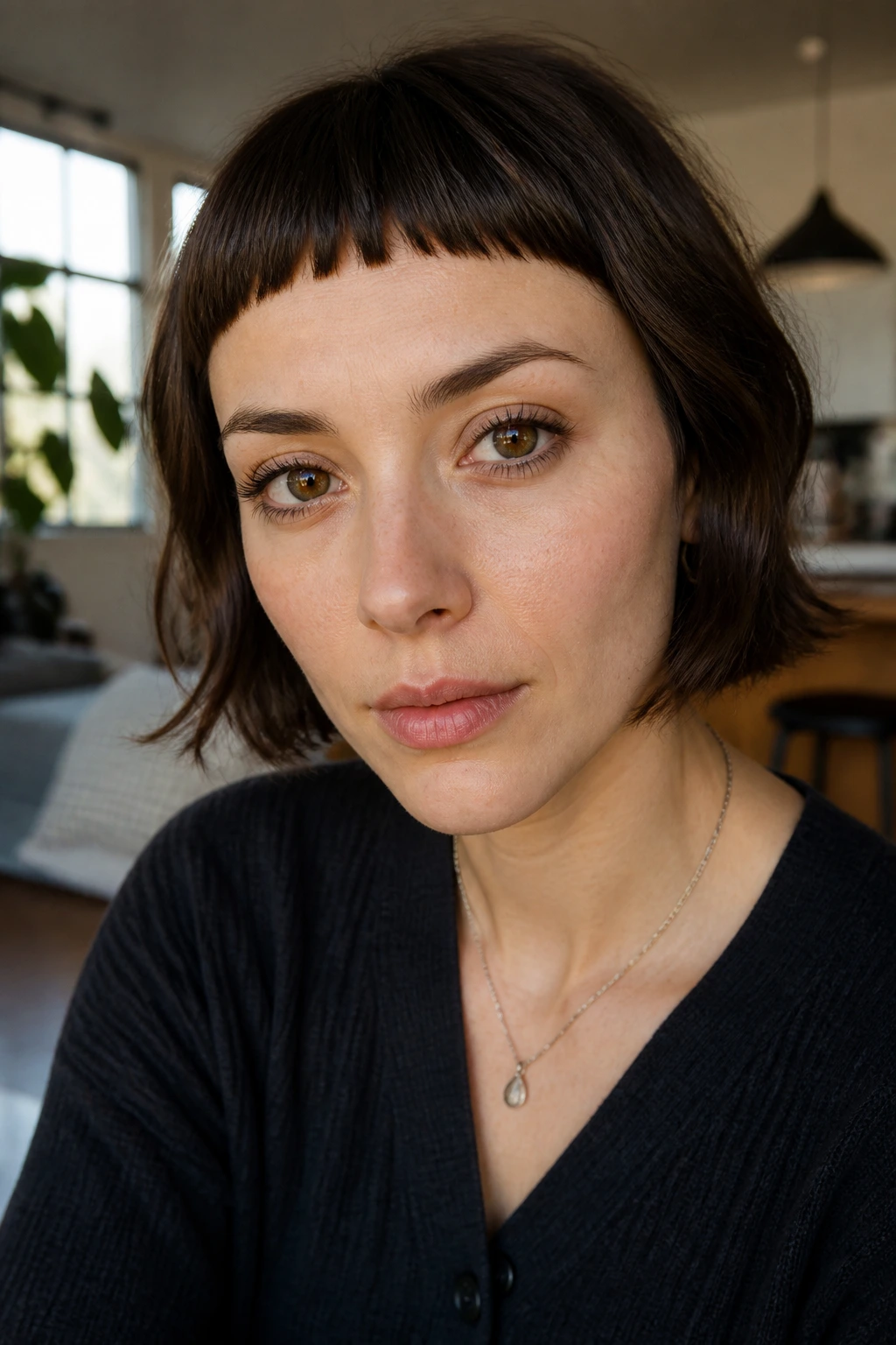 Close-up portrait of a real person with micro fringe emphasizing the eyes