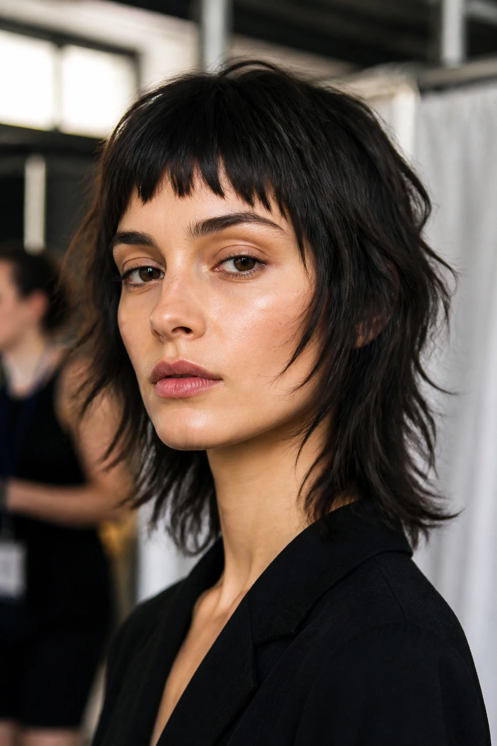 Real woman wearing micro fringe shag with broken micro fringe and textured jaw line.
