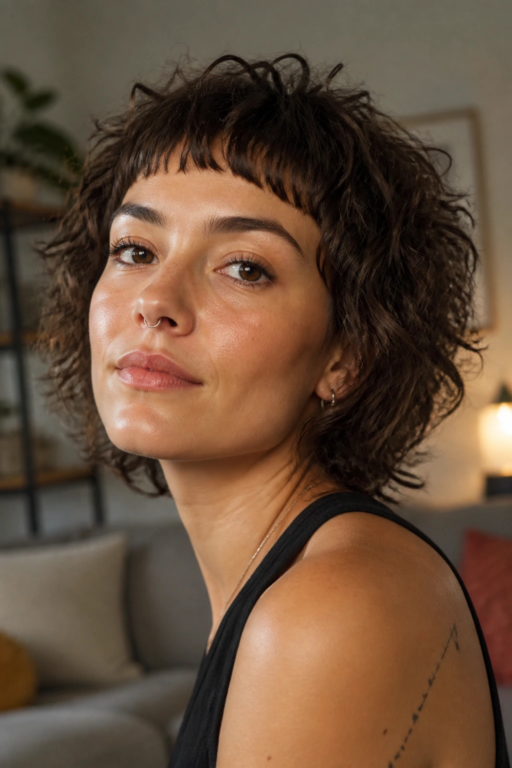 Real-person portrait showing micro fringe shag with bold micro bangs.