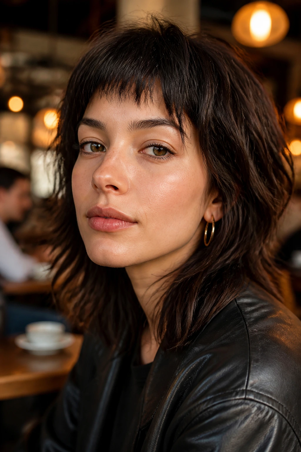 Close-up portrait of a woman with piecey micro-fringe shag in cafe light