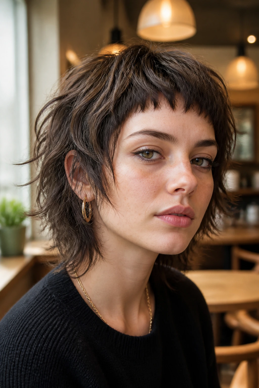 Close-up portrait of a real person with micro-fringe shag in a cafe setting.