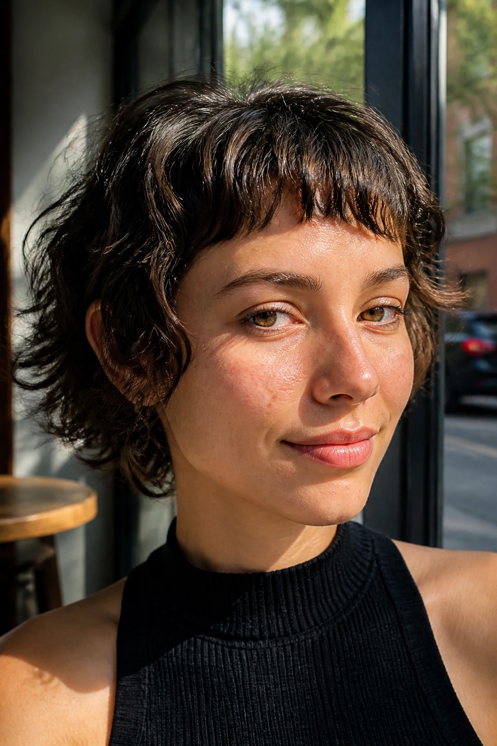Close-up of real person with micro fringe and shaggy waves by a cafe window