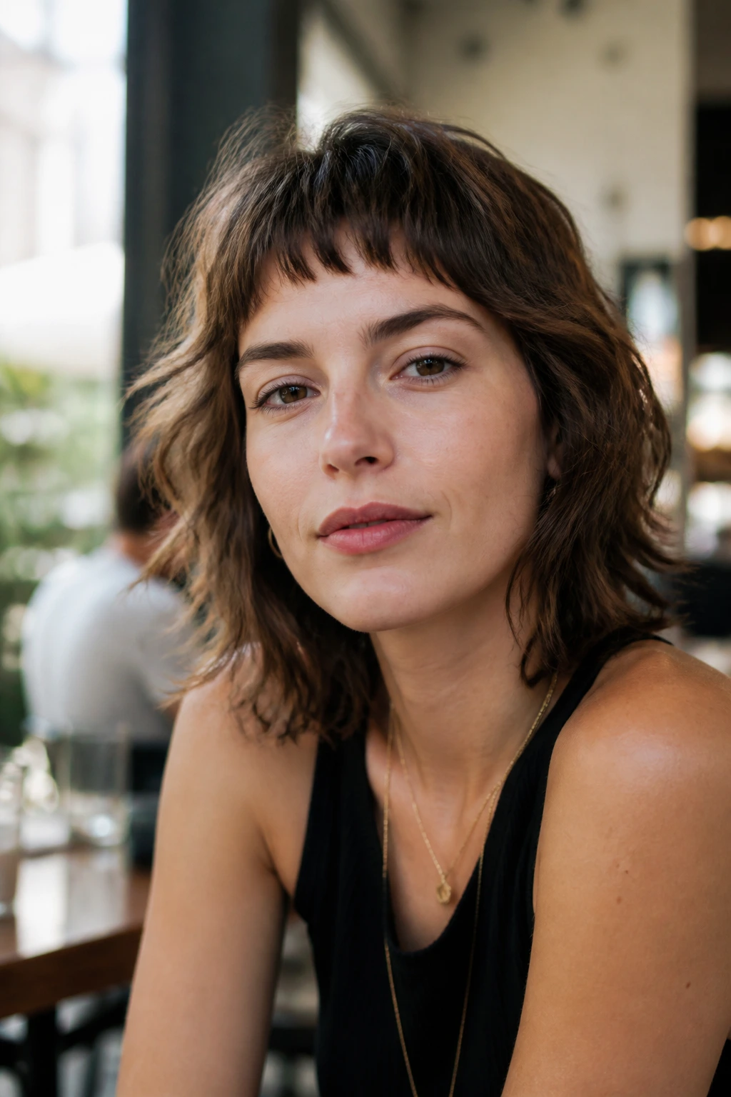 Real person with micro fringe on wavy hair in cafe setting