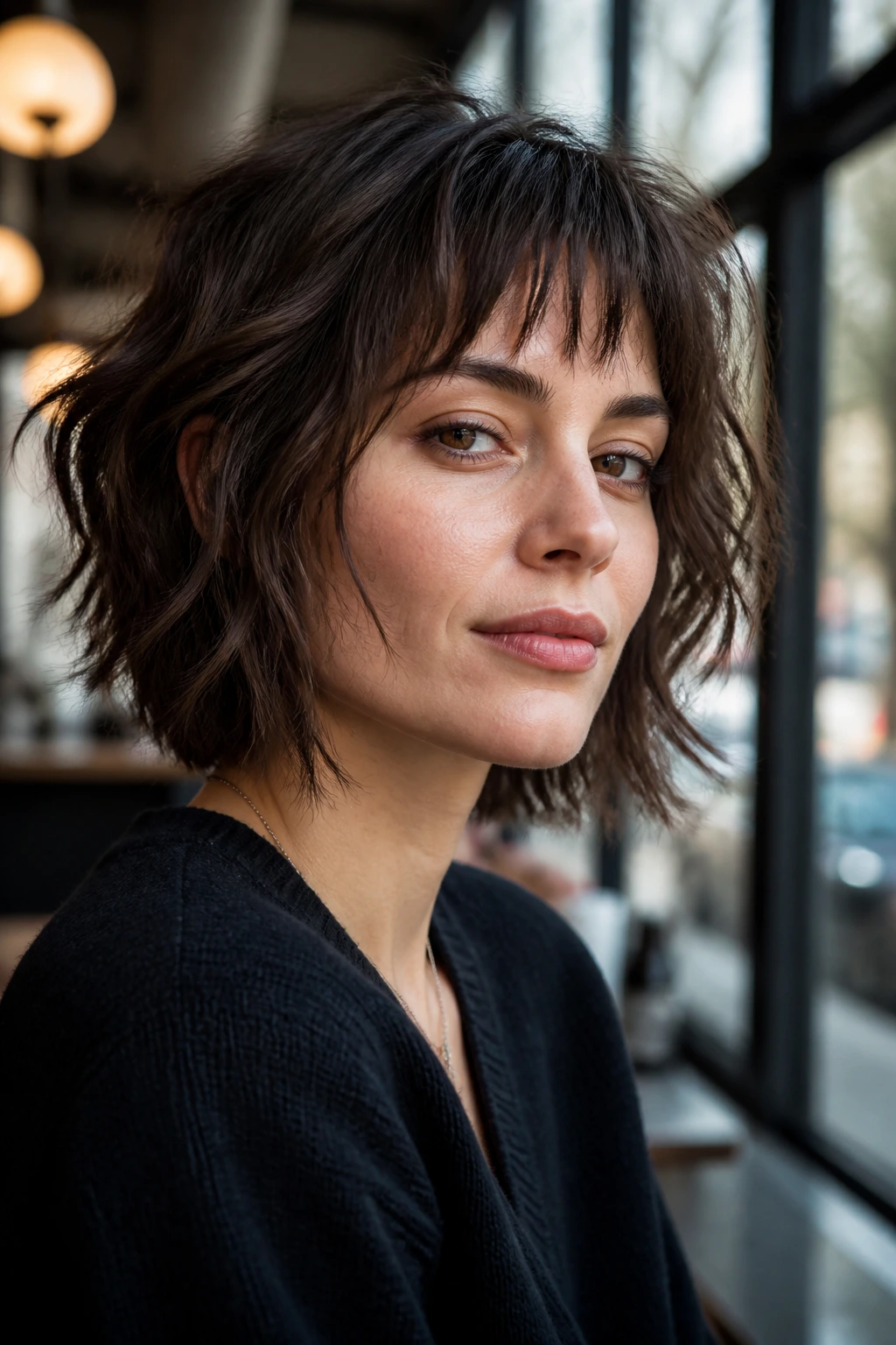 Close-up of brunette with micro-fringe shaggy bob