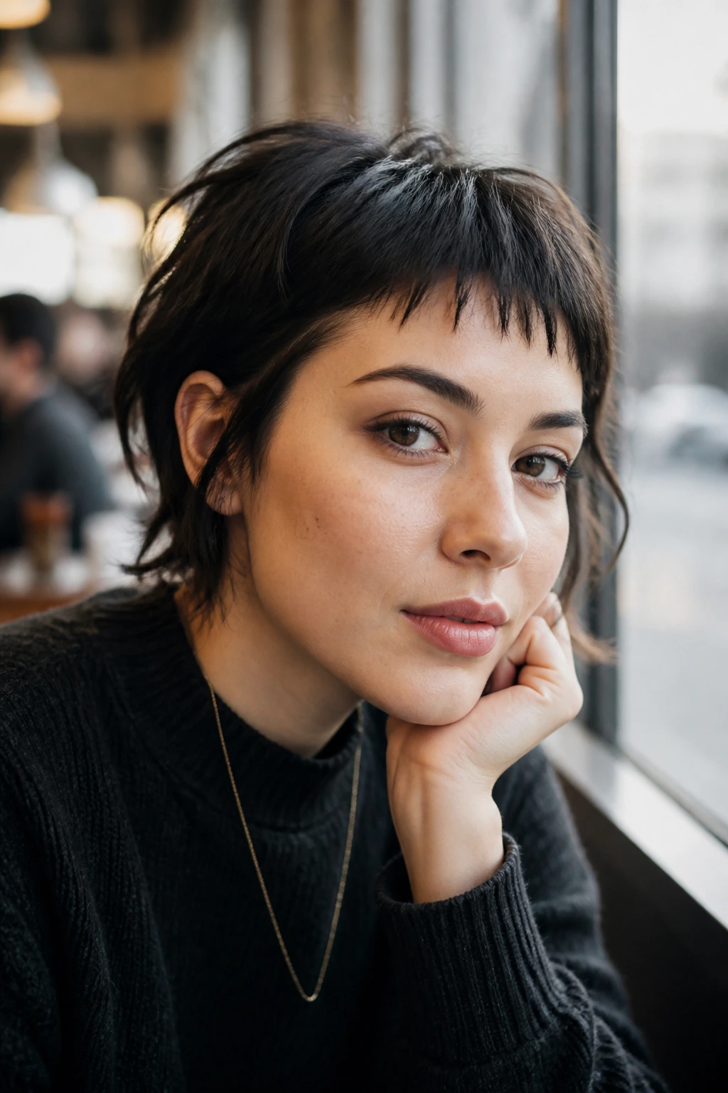 Close-up of a real person with a short, choppy micro-fringe in cafe lighting