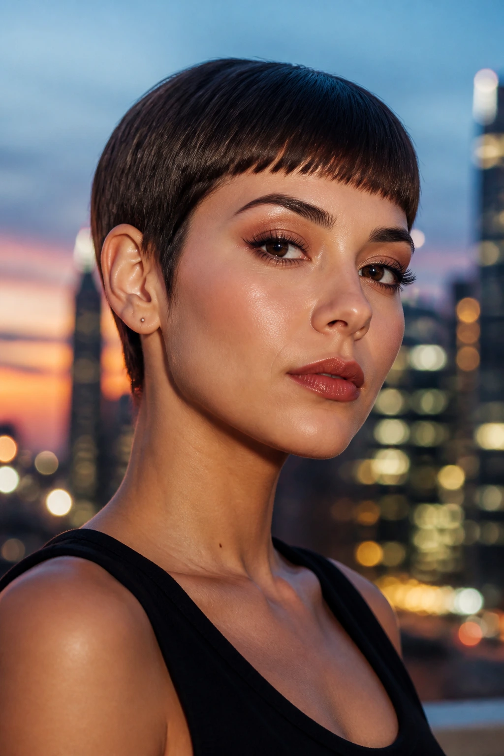 Real woman with micro fringe and sleek crop in urban dusk setting