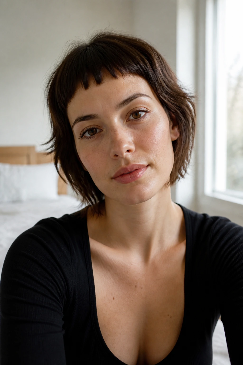 Real person with micro fringe and soft edges portrait.