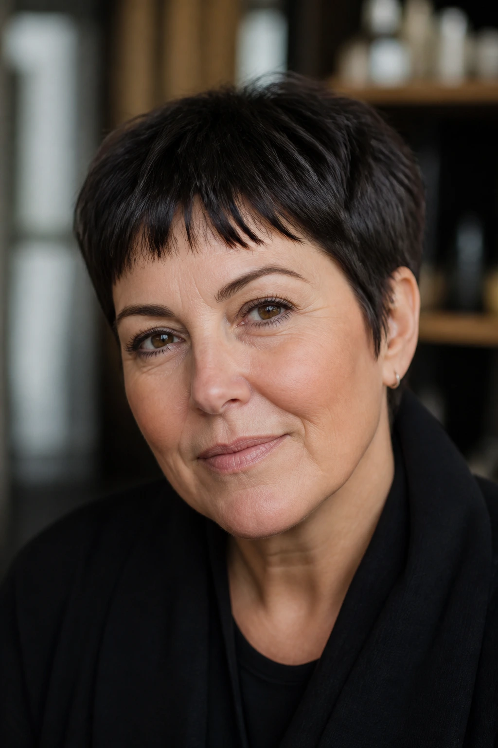 Close-up portrait of a real person with micro fringe and soft edges under natural light