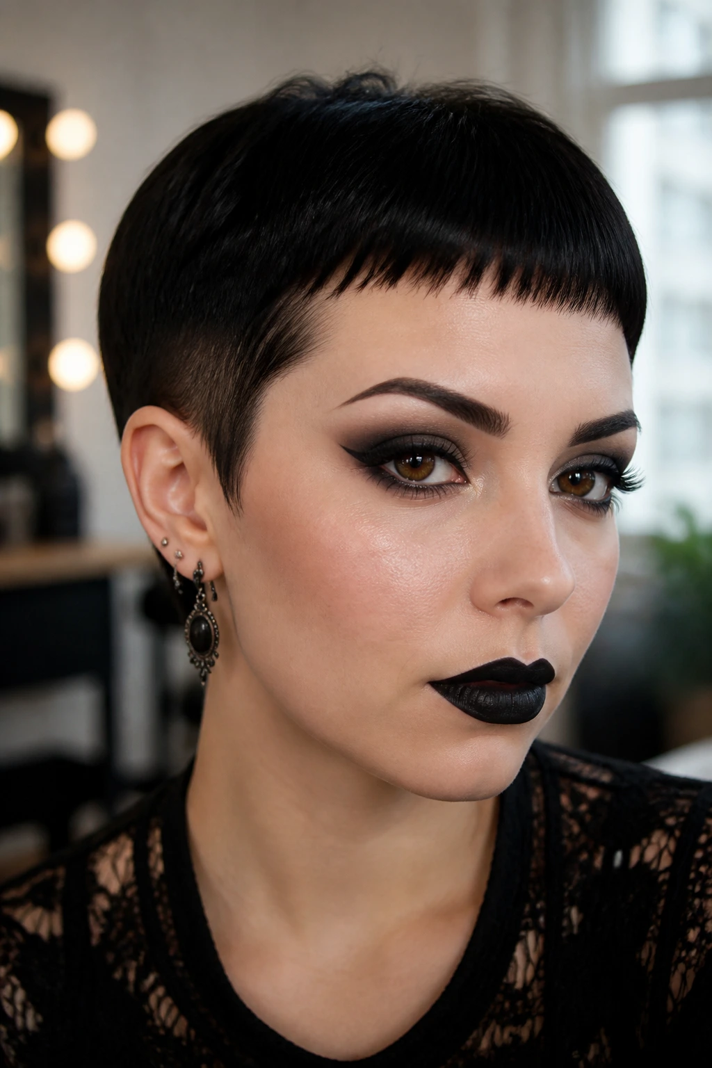 Real person with micro fringe and tapered temples in makeup room