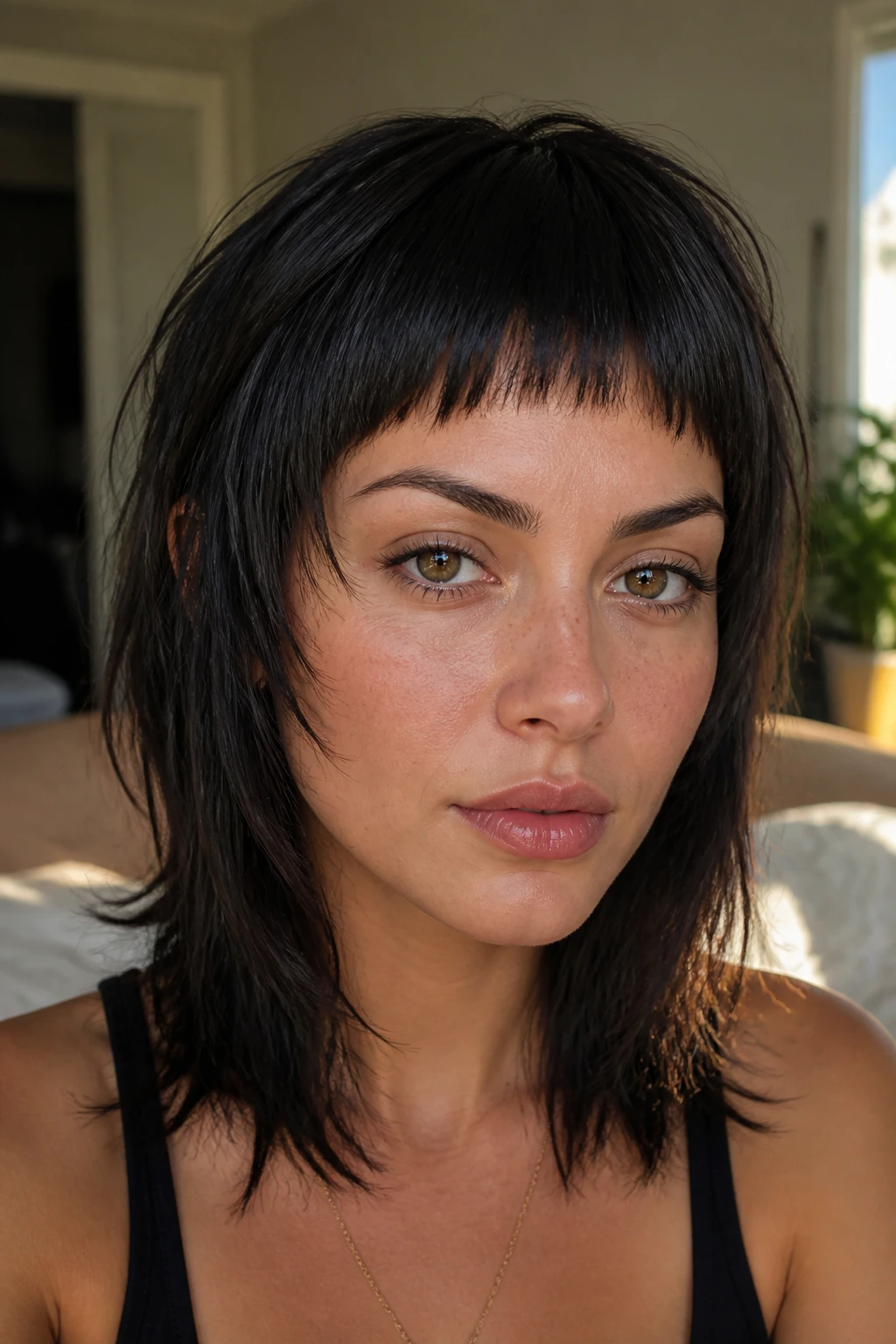 Close-up portrait of a real woman with a micro fringe and feathered edges, hair framing the face