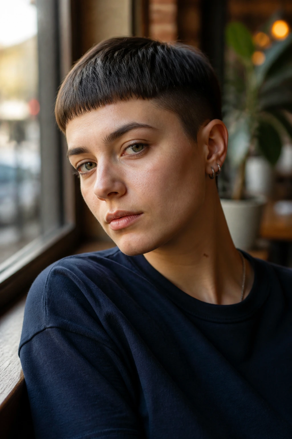 Close-up portrait of a real person with brushed-forward micro fringe, eyes framed by fringe.