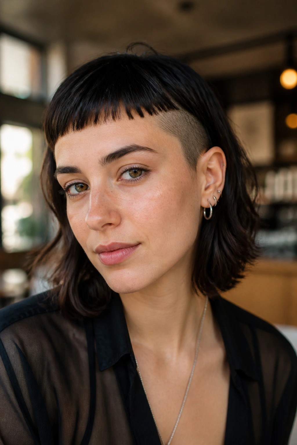 Portrait of a woman with micro fringe and subtle hidden undercut near temple
