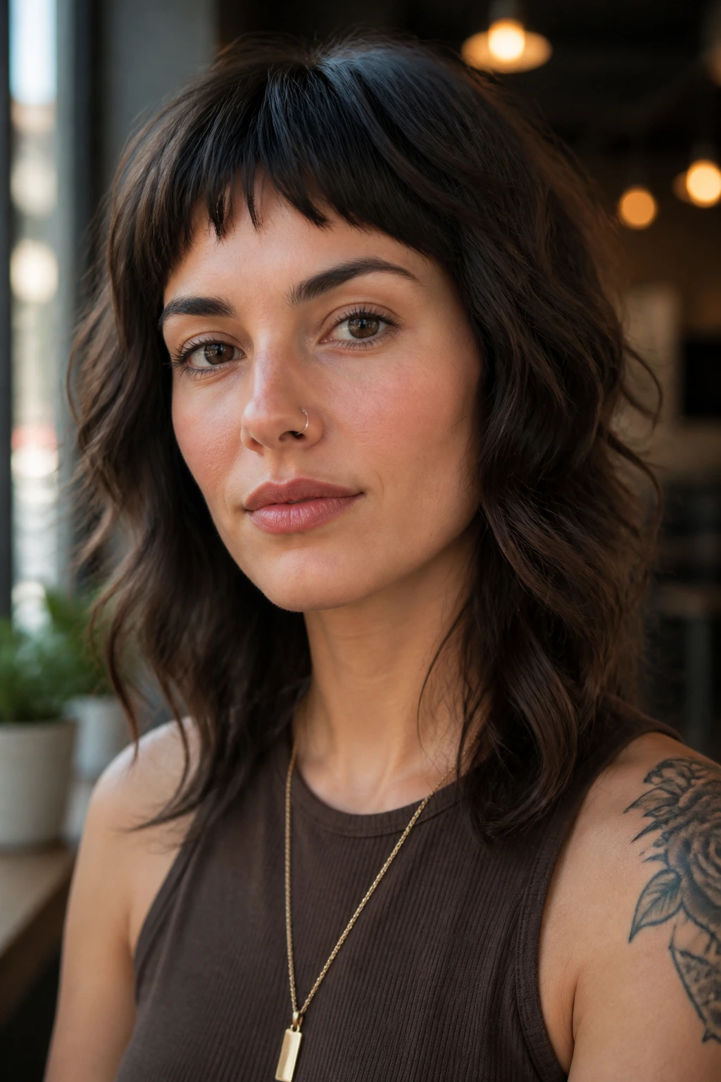 Close-up portrait of a real person with micro-fringe wolf cut and soft sides in cafe lighting