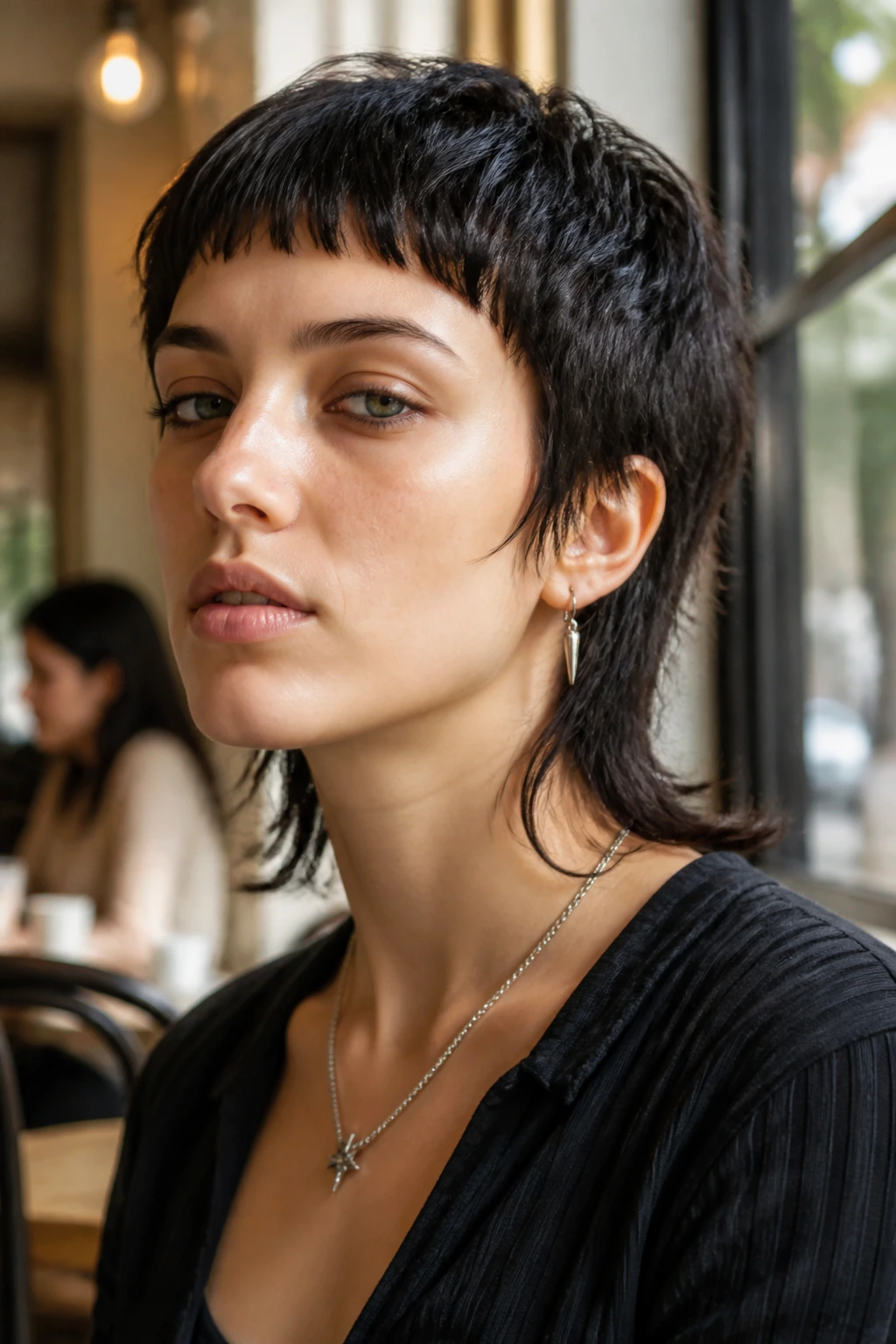 Portrait of person with micro fringe wolf mullet in cafe window light.