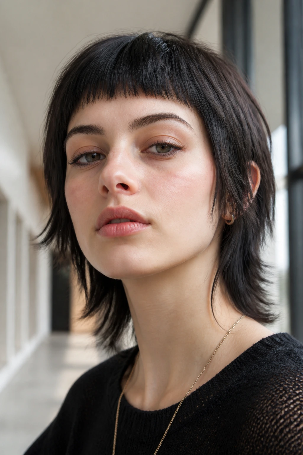 Close-up of micro fringe wolf cut on straight hair.