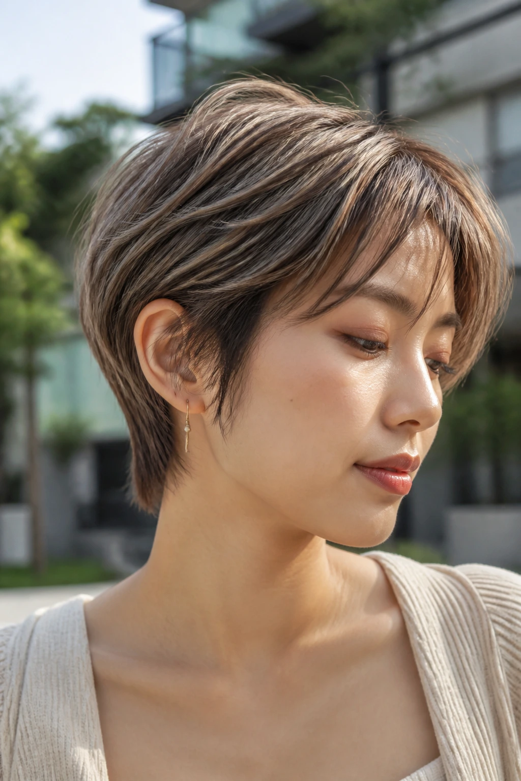 Portrait of a real woman with beige blonde micro-highlights in a bixie cut in an outdoor courtyard.