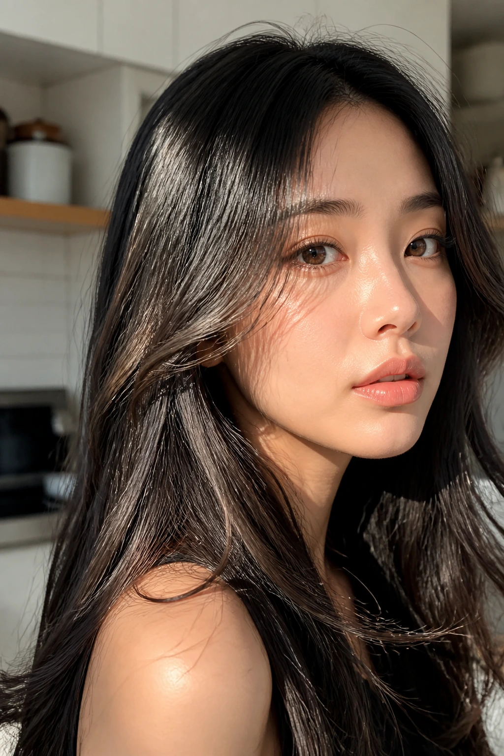 Close-up of near-black hair with micro-highlights catching light