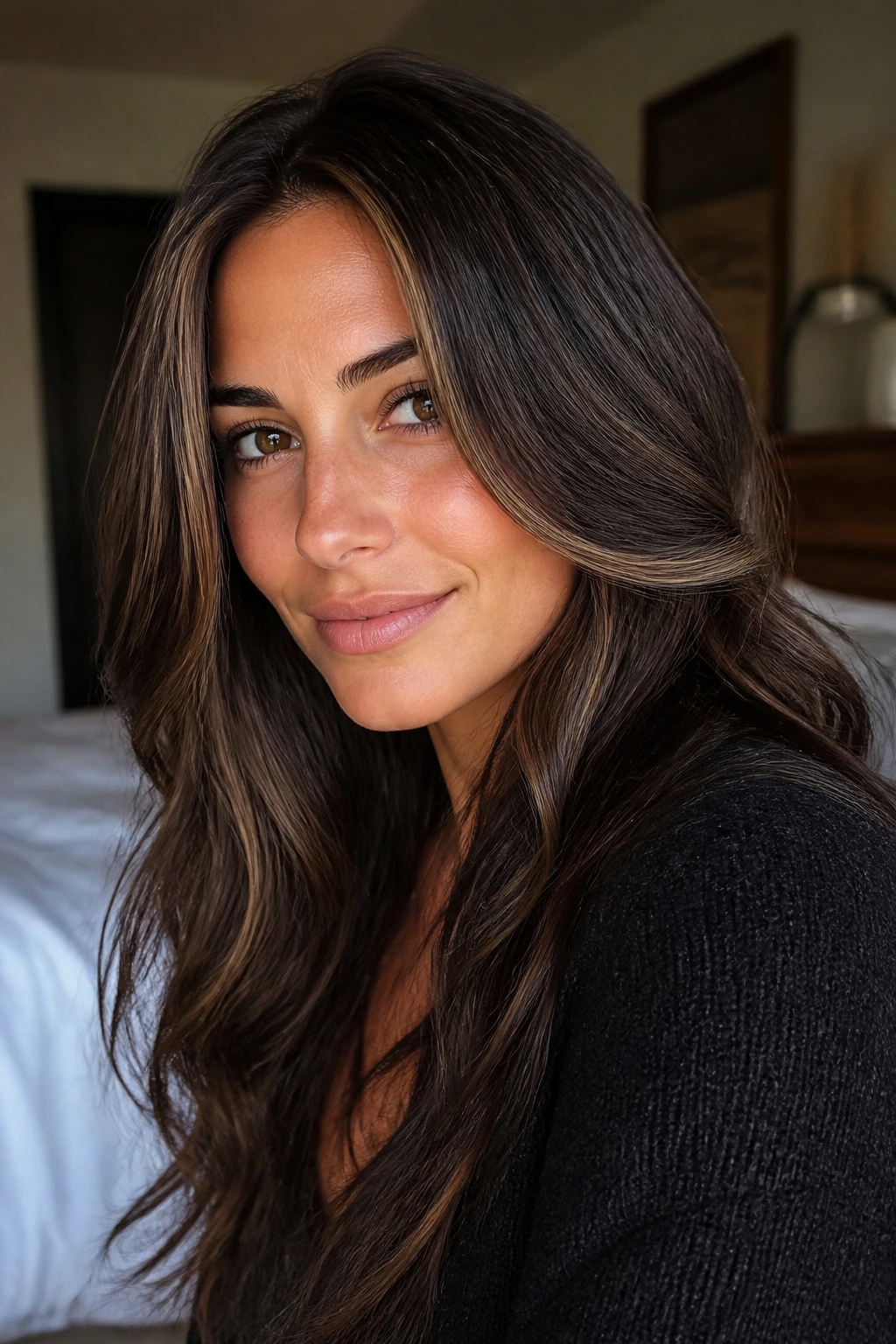 Close-up portrait of brunette with micro-highlights framing the face