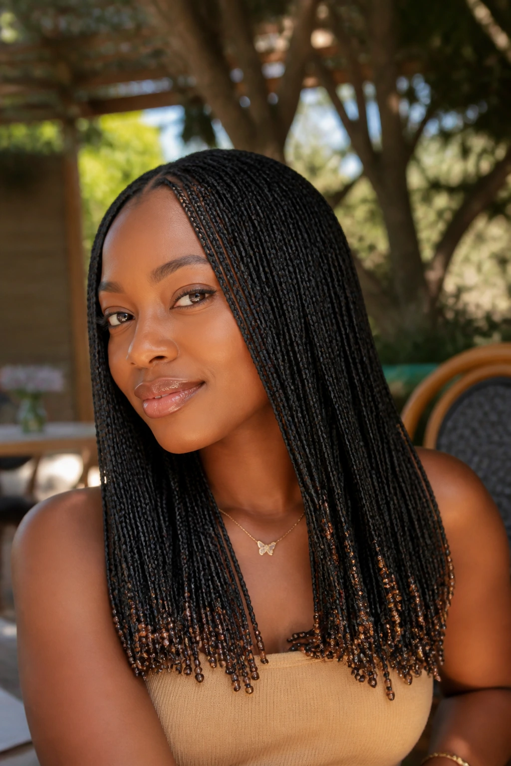 Close-up of micro knotless braids with tiny seed beads at the ends