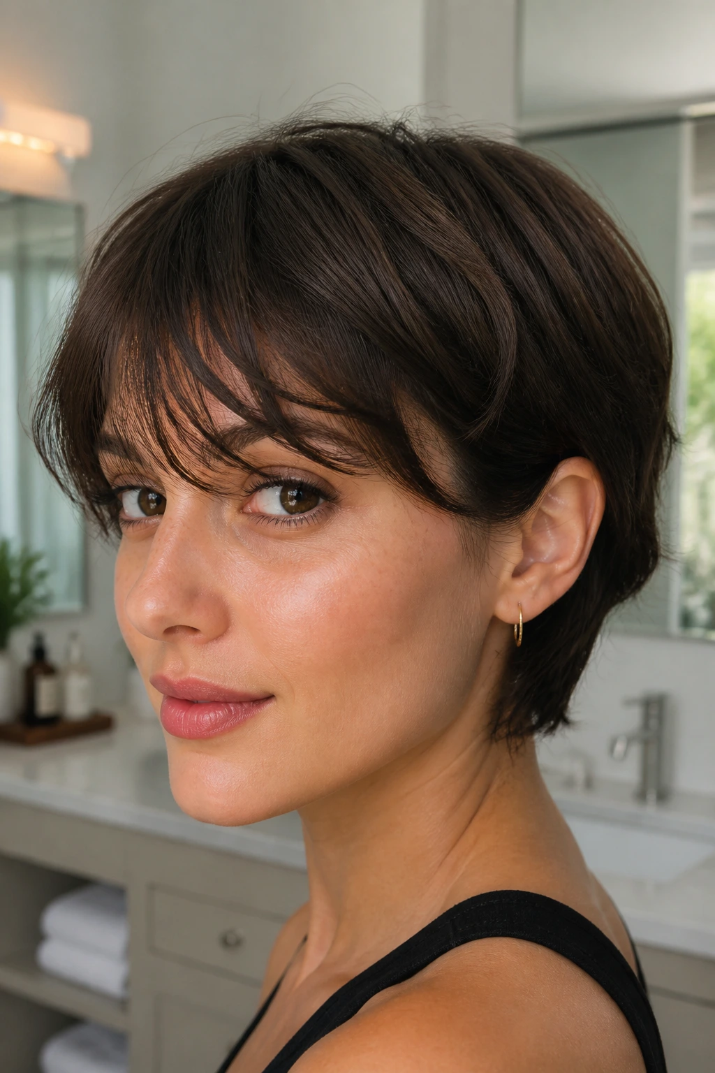 Close-up of a real person with micro-layer fringe on thick short hair in bright bathroom light