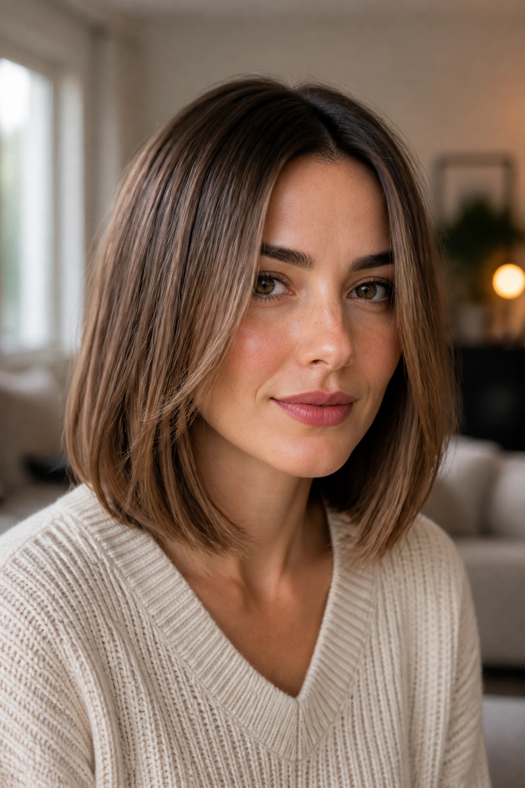 Close-up of a real woman with a micro-layer lob