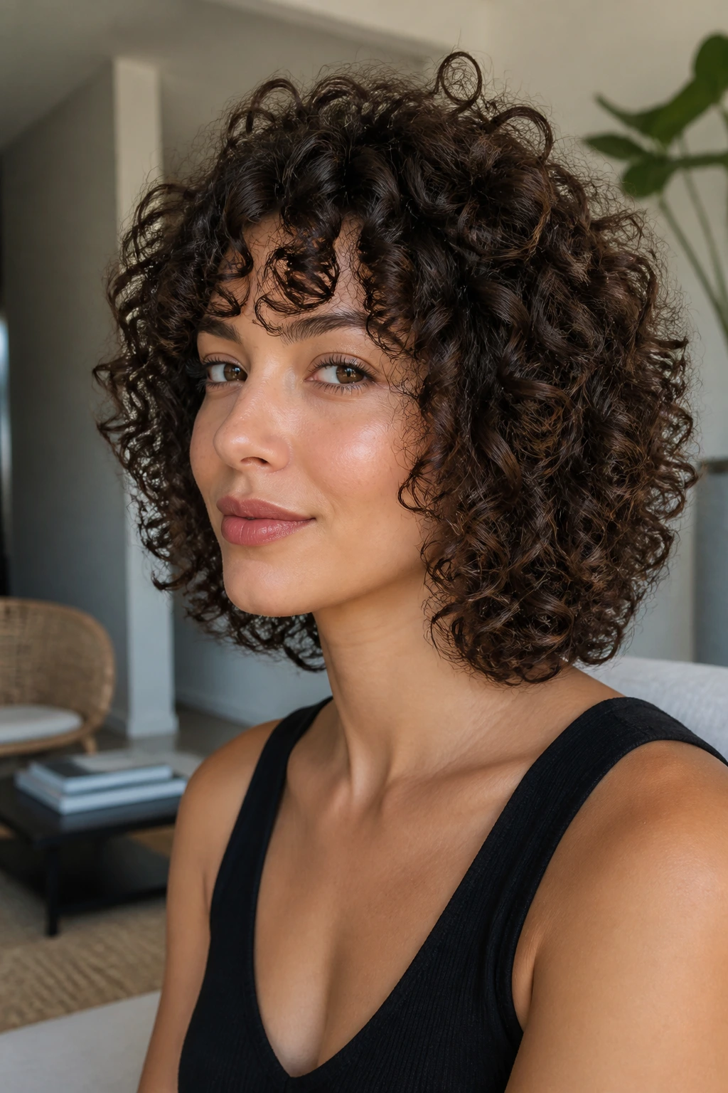 Close-up portrait of a woman with micro-layer lob for dense curls in a living room