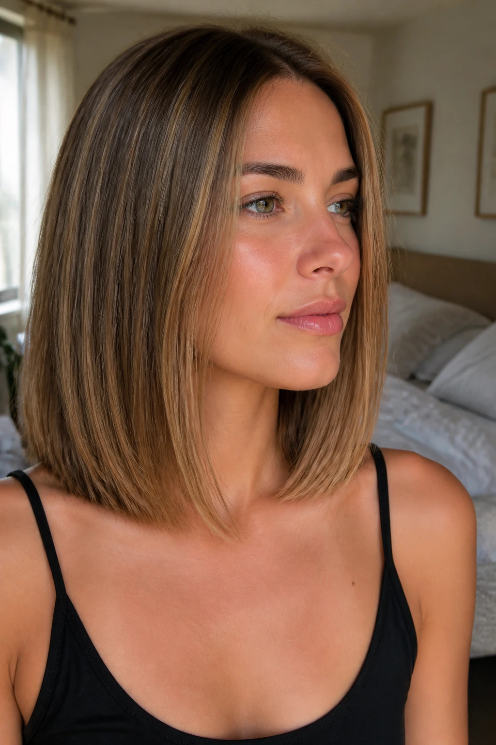 Close-up portrait of a real woman with a micro-layer lob in soft window light
