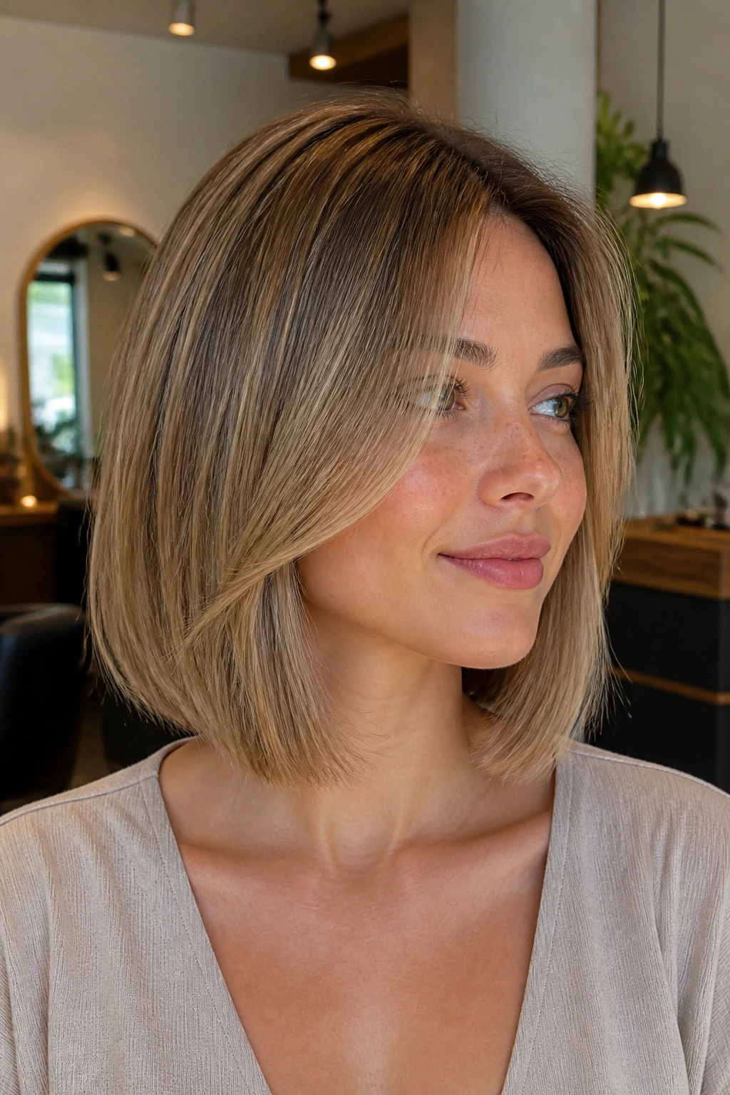 Real woman with micro-layer lob showing inner layers in a blunt cut