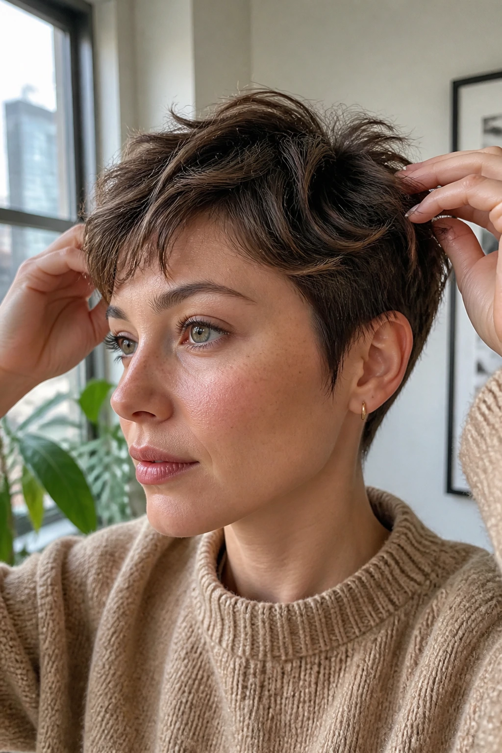 Close-up of a real woman with micro-layered pixie showing texture via hands on the ends