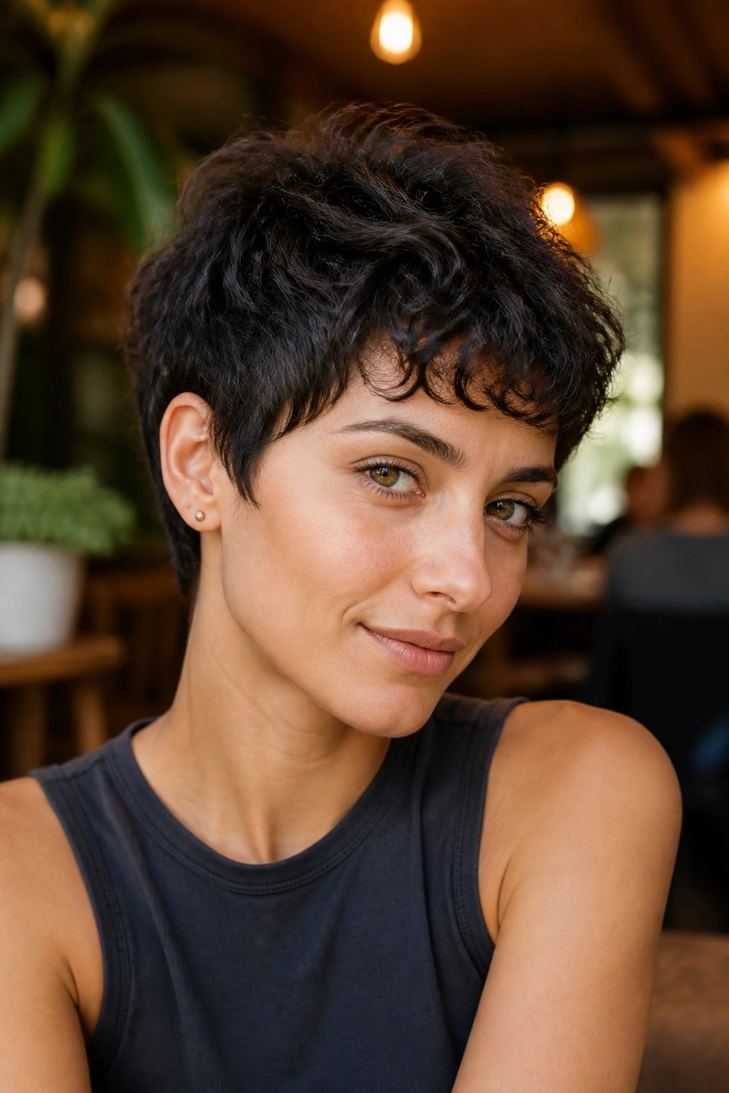 Close-up portrait of a real person with micro-layer pixie wolf layers