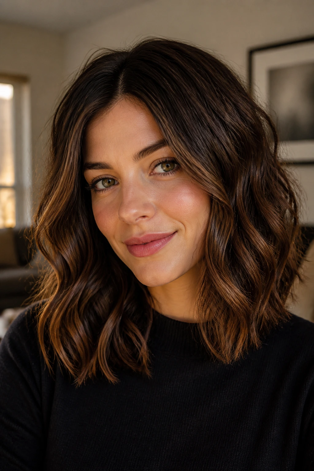 Close-up of a real person with micro-layer waves on shoulder-length hair in warm natural light