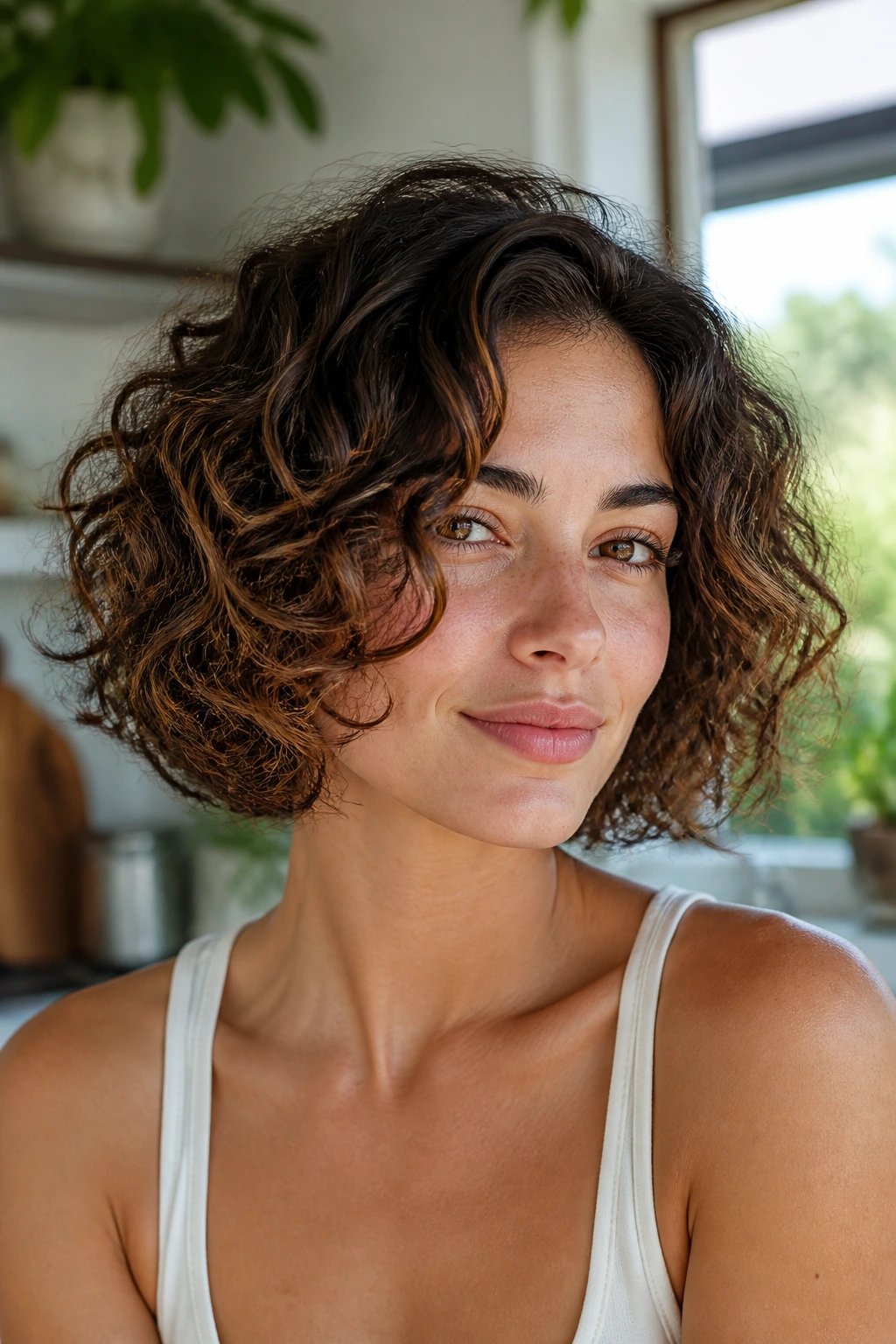 Close-up of a real woman with a micro-layered airy bob showcasing buoyant curls