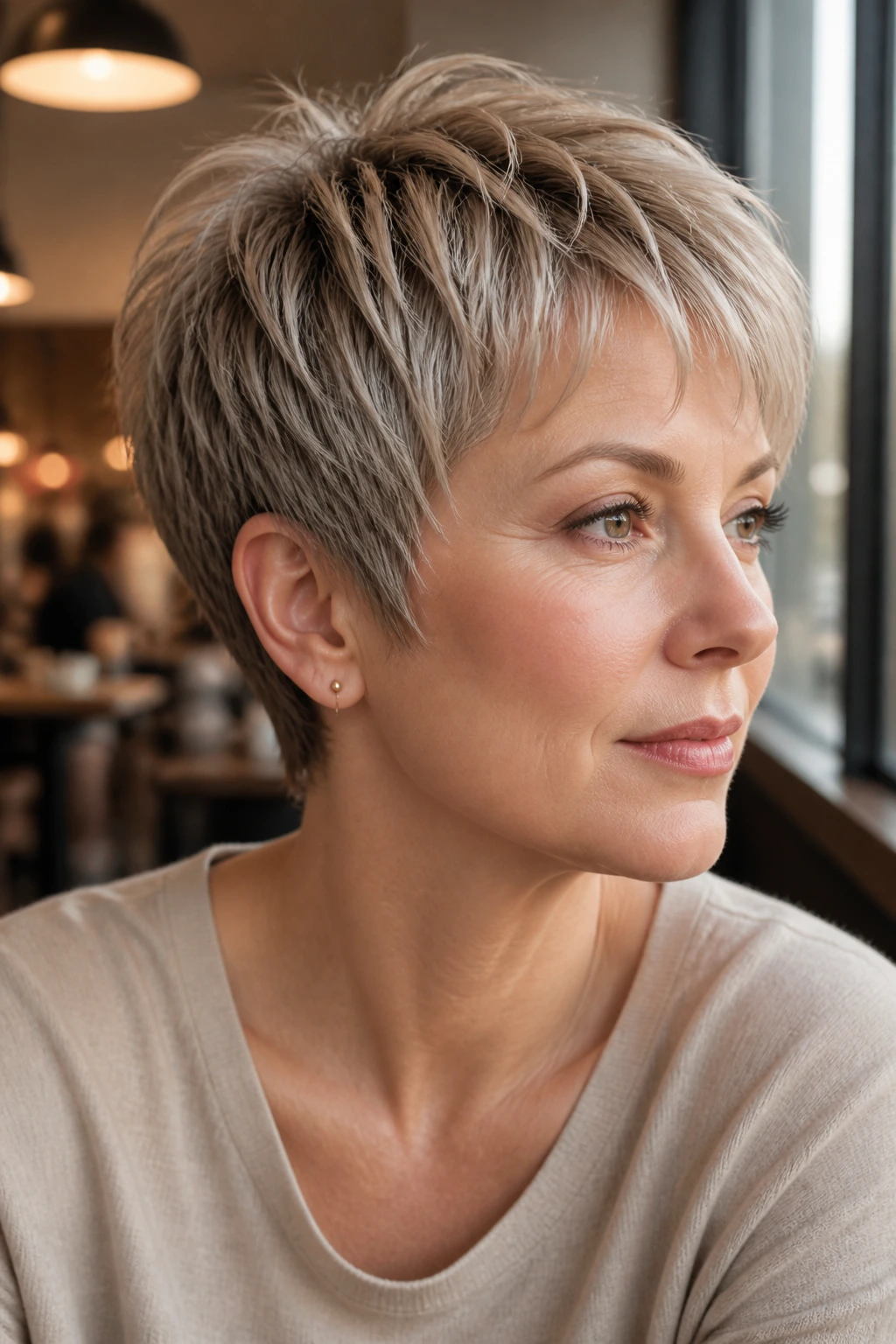 Portrait of a real woman with micro-layered airy pixie showing soft texture