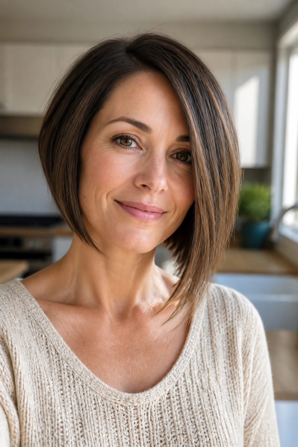 Portrait of a real woman with a micro-layered asymmetrical bob showing subtle lift.
