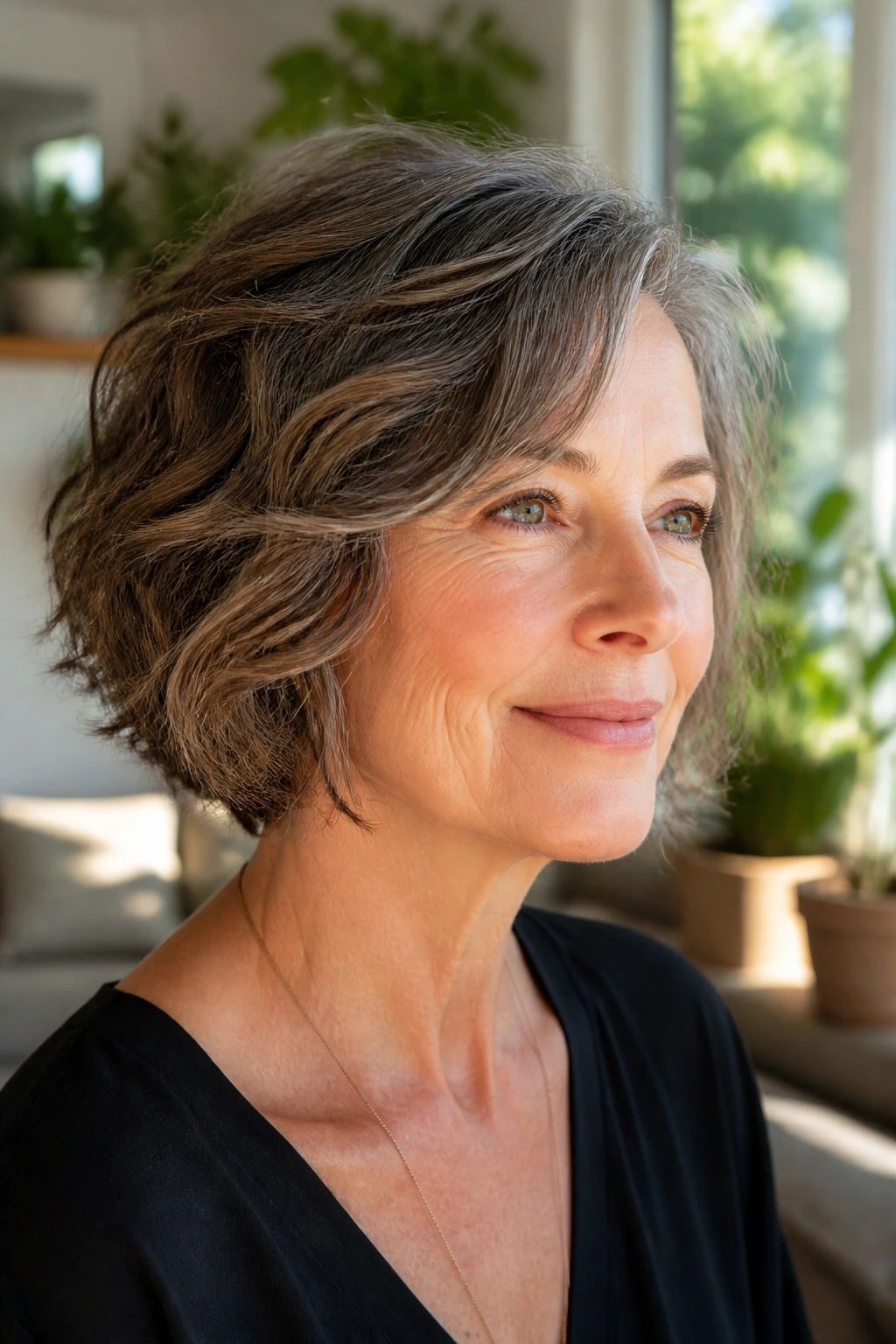 Close-up of a woman with a micro-layered bob in dense waves in sunlit living room