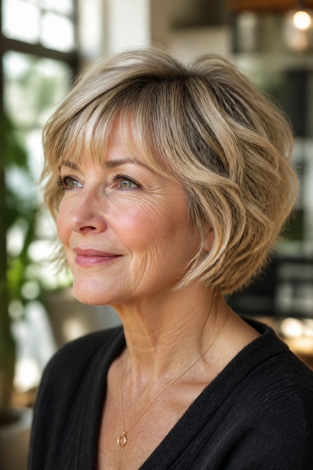 Close-up portrait of a real woman with a micro-layered bob and fine waves