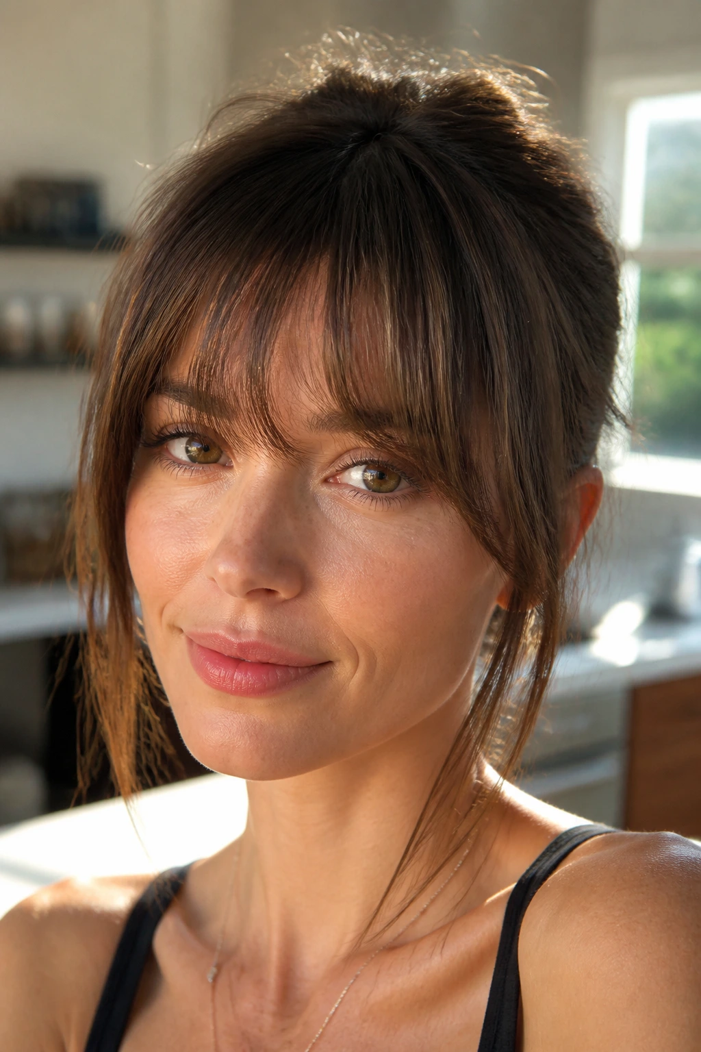 Real woman with micro-layered soft bottleneck bangs in a sunlit kitchen