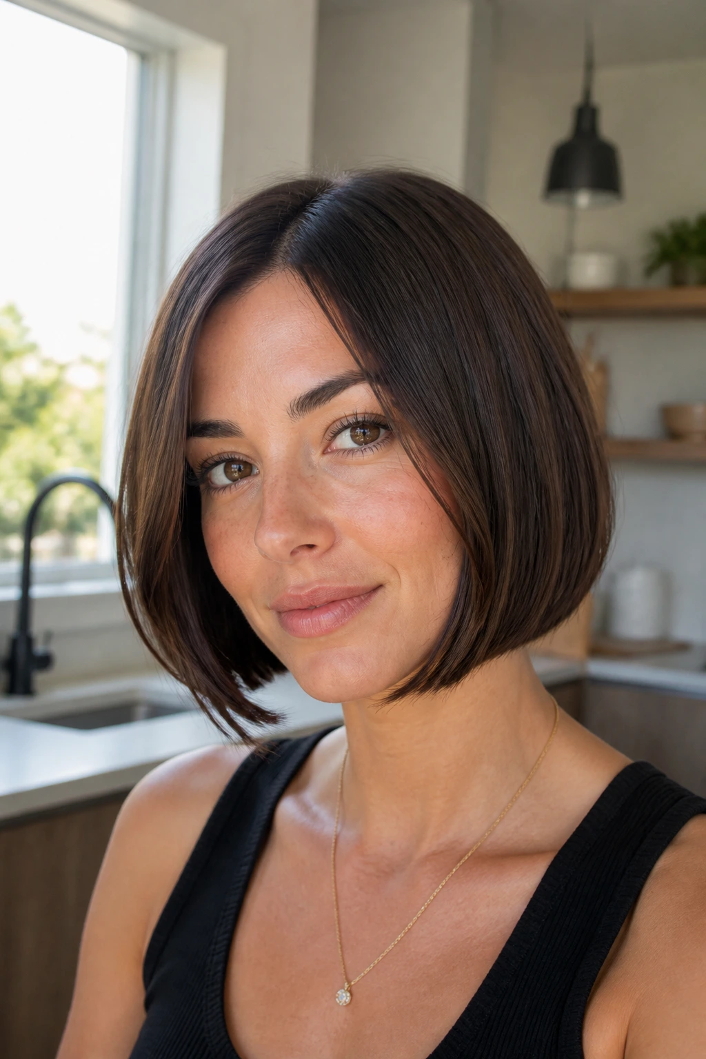 Front view of real woman with Micro-Layered Chin Bob showing tiny layers around the chin