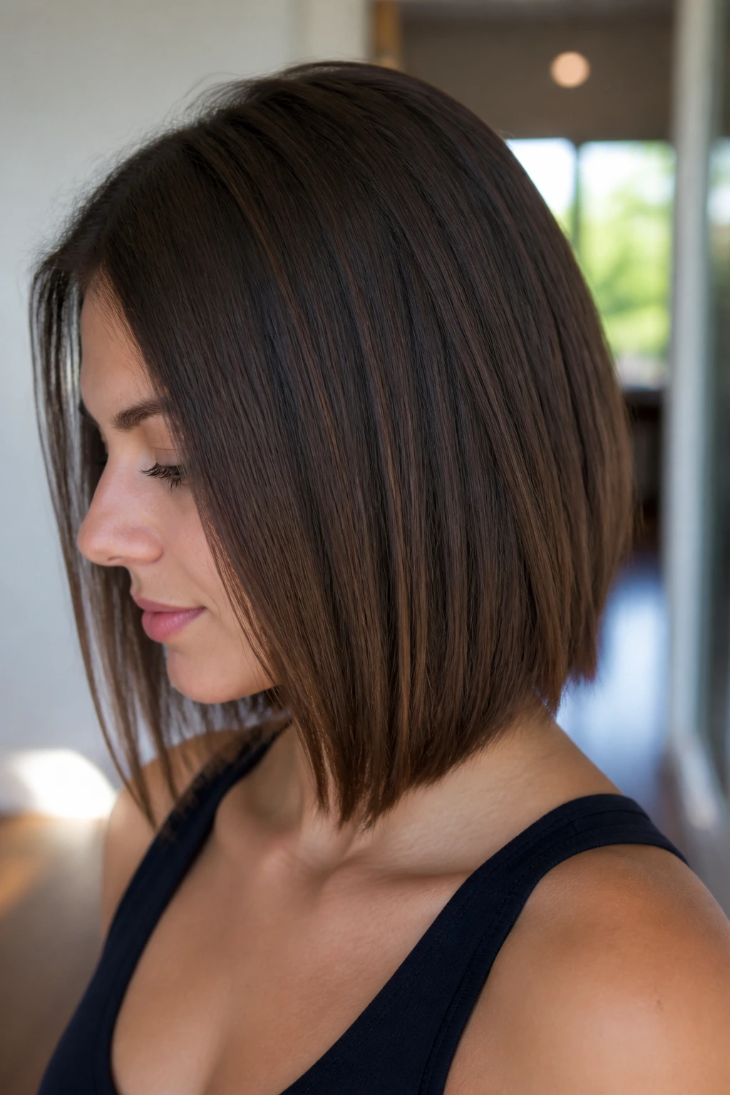 Close-up portrait of a real woman with micro-layered lob on dense straight hair