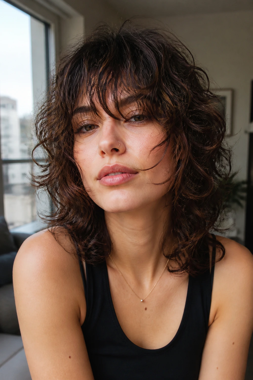 Portrait of a real person with micro-layered shag and lip-skimming bangs