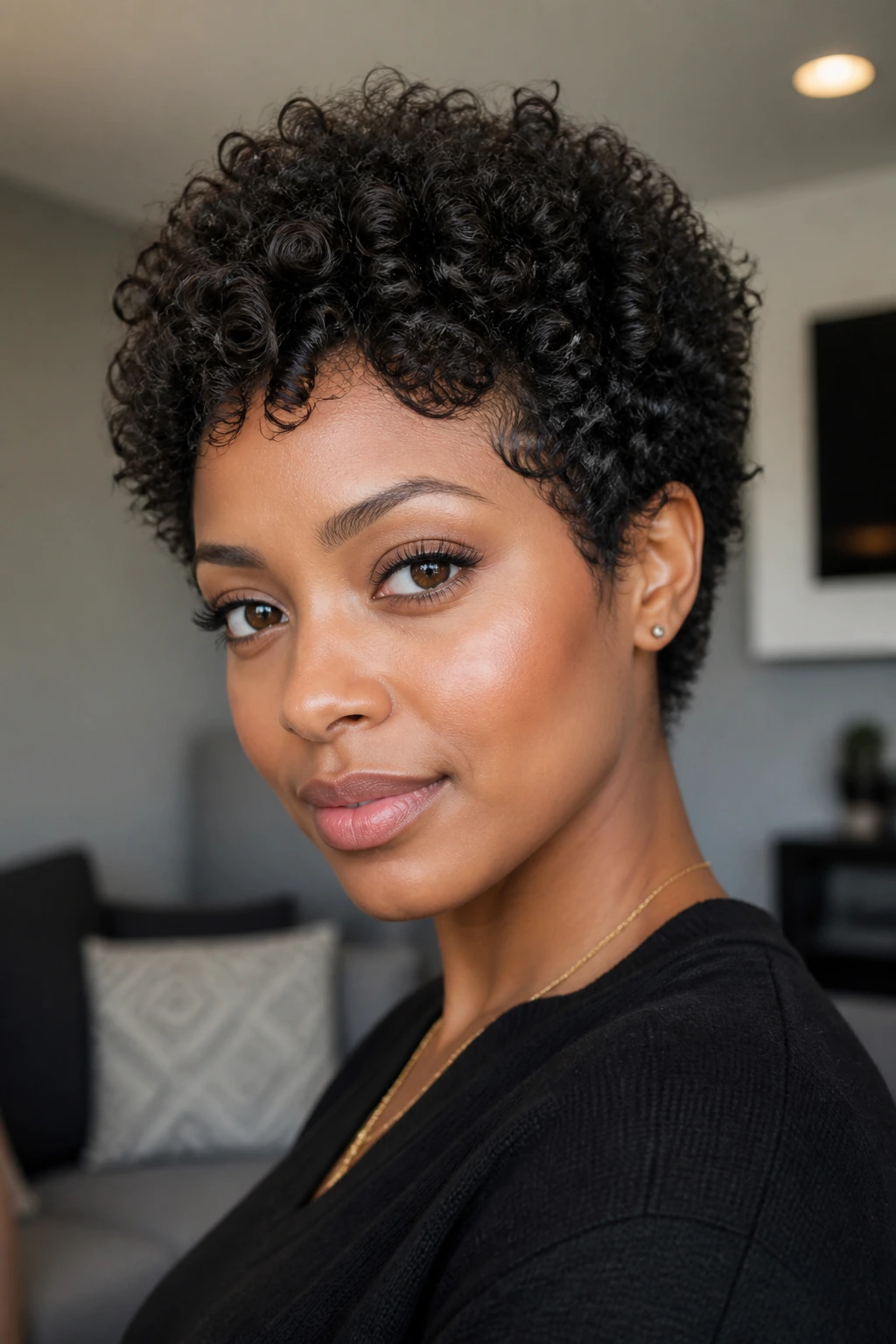 Portrait of a real Black woman with micro-layered short curls showing lifted layers
